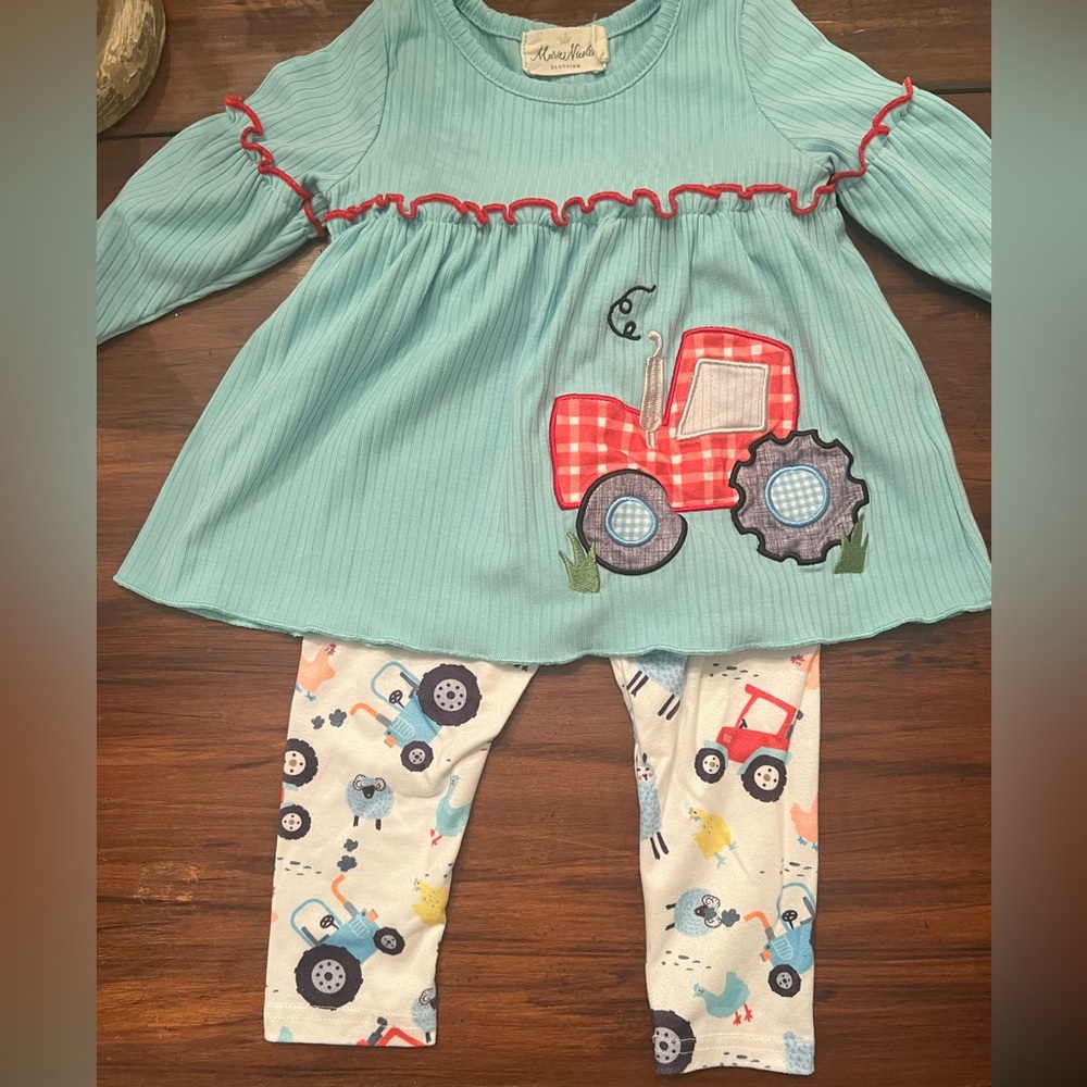 Kids Tractor Outfit with Blue Top and Patterned Leggings